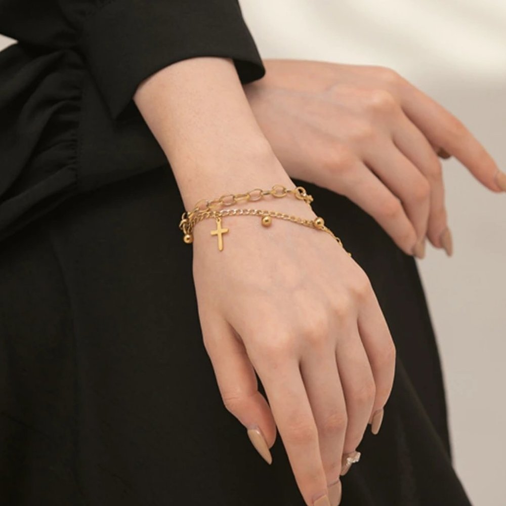 NEW 18K Gold Plated Cross Bead Link Chain Double Layer Bracelet - Picture 2 of 6